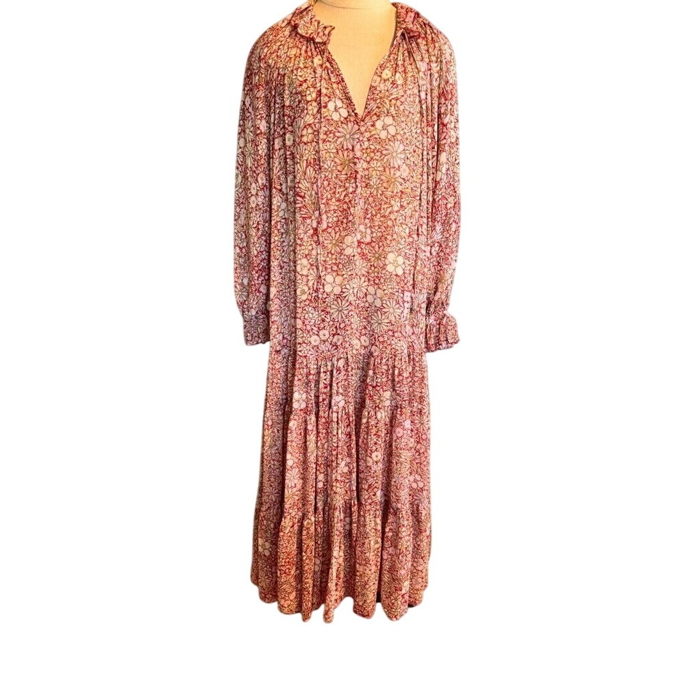 Free People Red Floral Tiered Maxi Dress Long Sleeve Boho Ruffle XS
